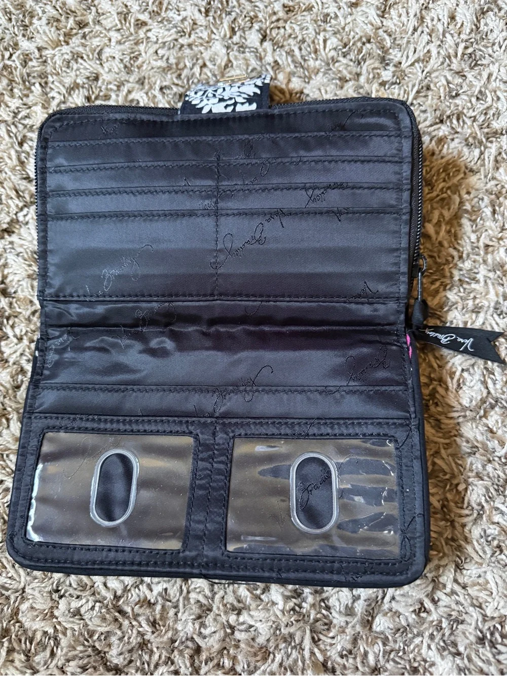 Vera Bradley Black Quilted Wallet with Pink & Gray Floral Medallions